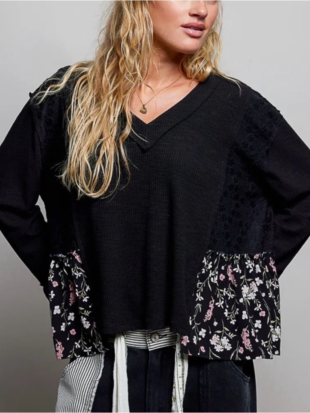 NEW POL ARRIVAL 5/4:   “The Ellie” Black Ribbed Floral Lace Accent Ruffle Trim